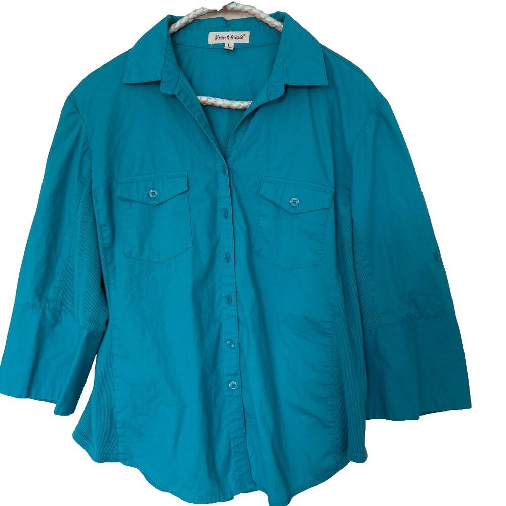 Hester Orchard Button Up Shirt Womens L Teal Stretch Pockets 3/4 Roll Tab Sleeve